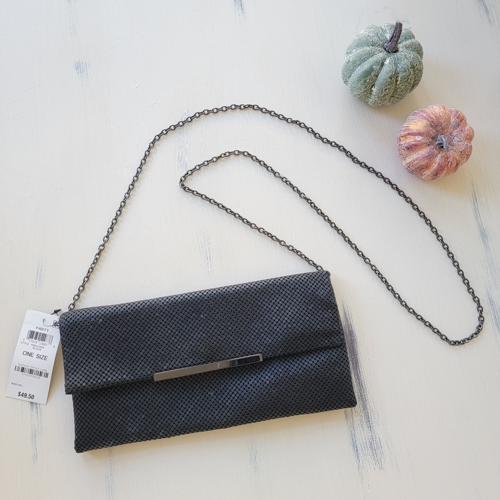 NWT I.N.C. International Concepts Heather Black Shiny Mesh Clutch Shoulder Bag